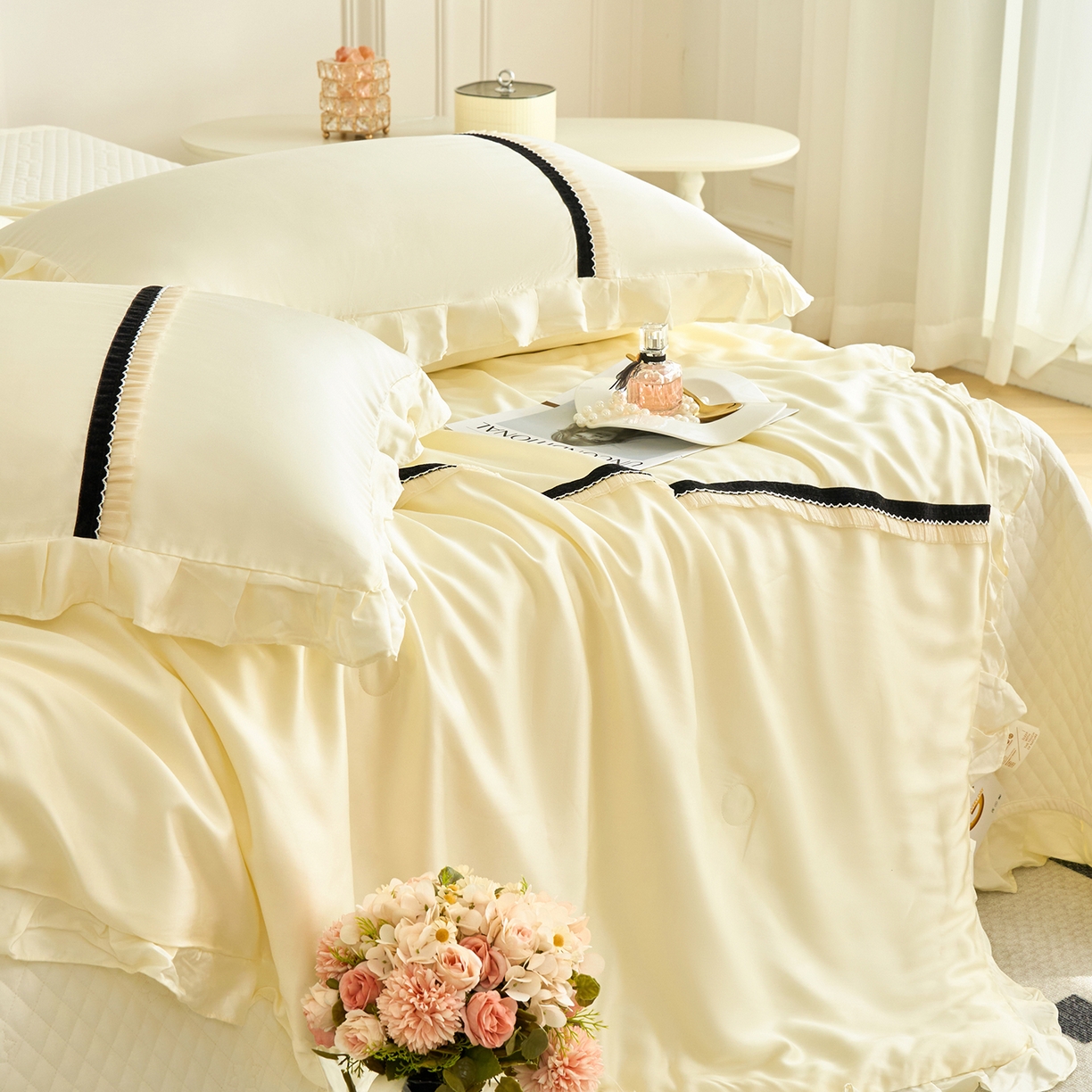 91家纺网 家纺一手货源 找家纺 优希家纺 2025新款樱桃公主夏被四件套 黄色