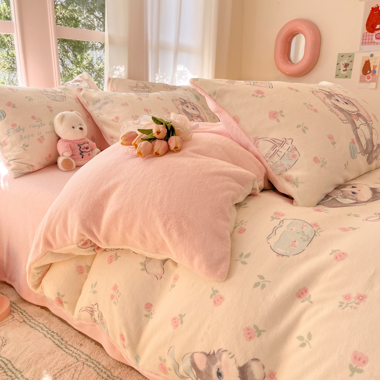 91家纺网 家纺一手货源 找家纺 慕澄家纺 2025新款小清新牛奶绒印花四件套 爱心甜宠