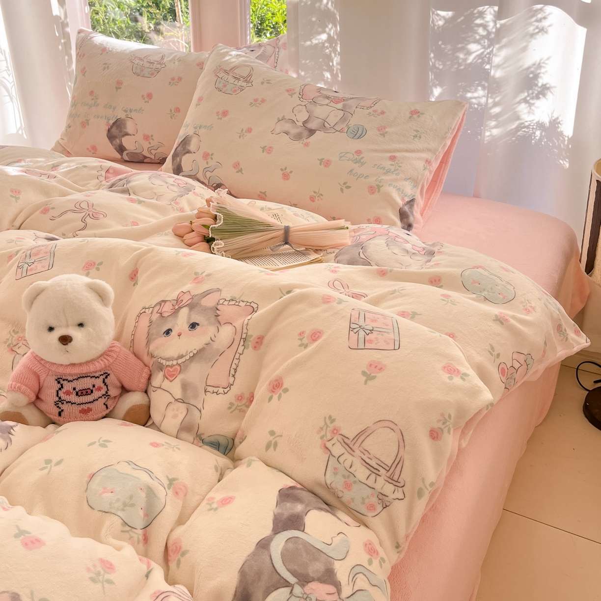 91家纺网 家纺一手货源 找家纺 慕澄家纺 2025新款小清新牛奶绒印花四件套 爱心甜宠