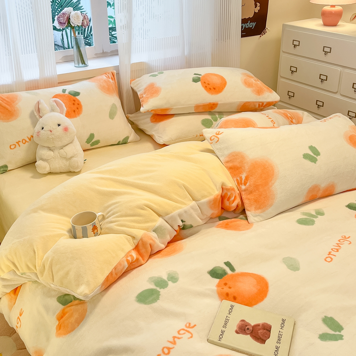 91家纺网 家纺一手货源 找家纺 慕澄家纺 2025新款小清新牛奶绒印花四件套 橙意满满