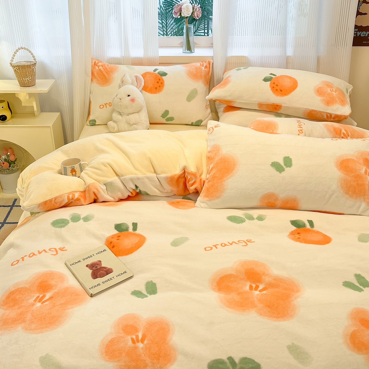 91家纺网 家纺一手货源 找家纺 慕澄家纺 2025新款小清新牛奶绒印花四件套 橙意满满