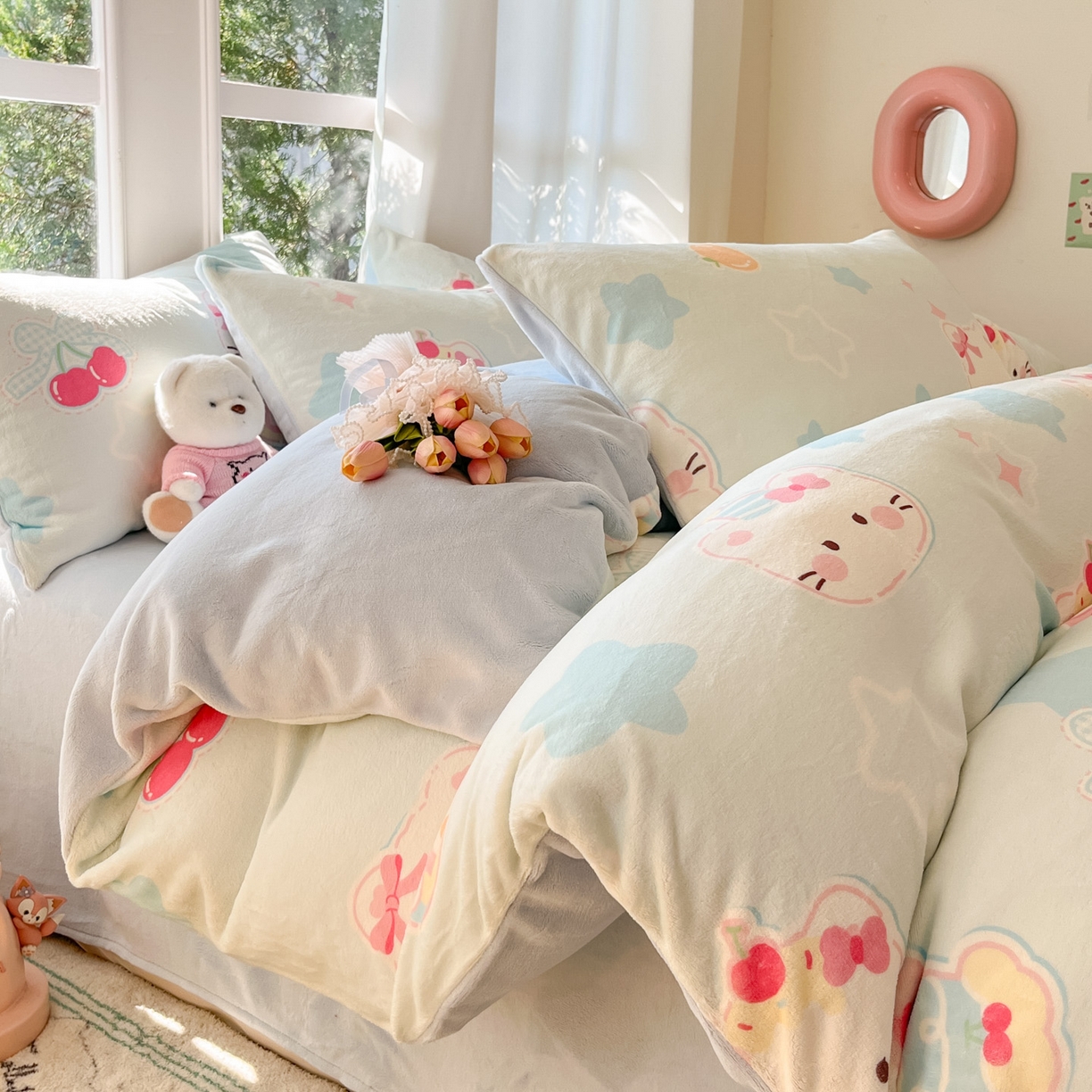 慕澄家纺 2025新款小清新牛奶绒印花四件套 蛋糕猫咪