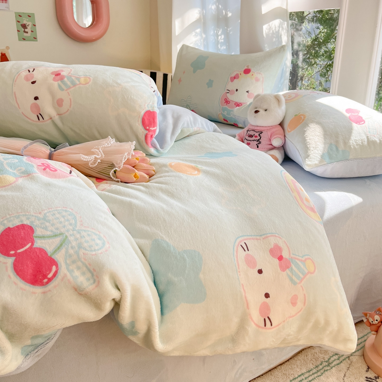 91家纺网 家纺一手货源 找家纺 慕澄家纺 2025新款小清新牛奶绒印花四件套 蛋糕猫咪