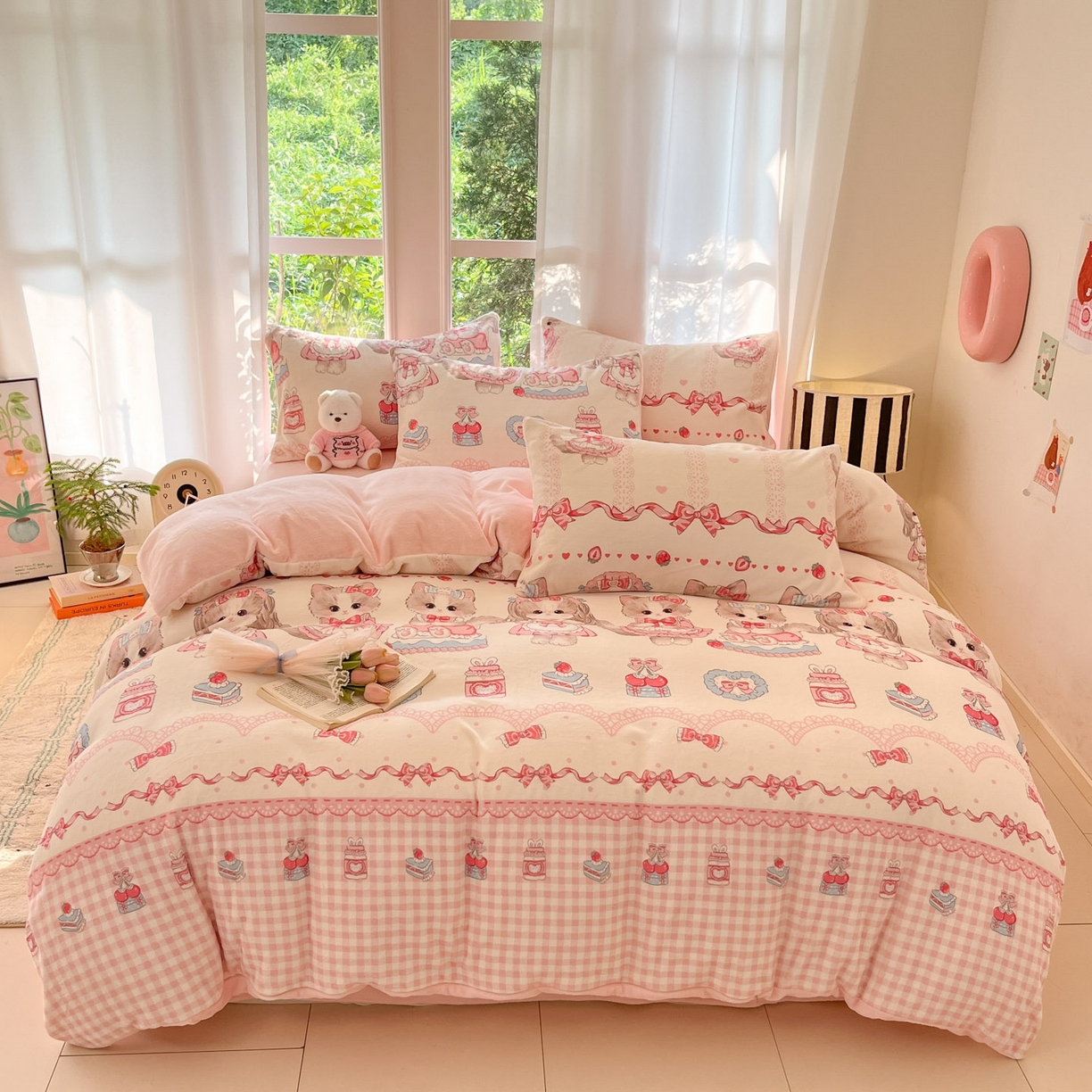 91家纺网 家纺一手货源 找家纺 慕澄家纺 2025新款小清新牛奶绒印花四件套 粉色喵喵