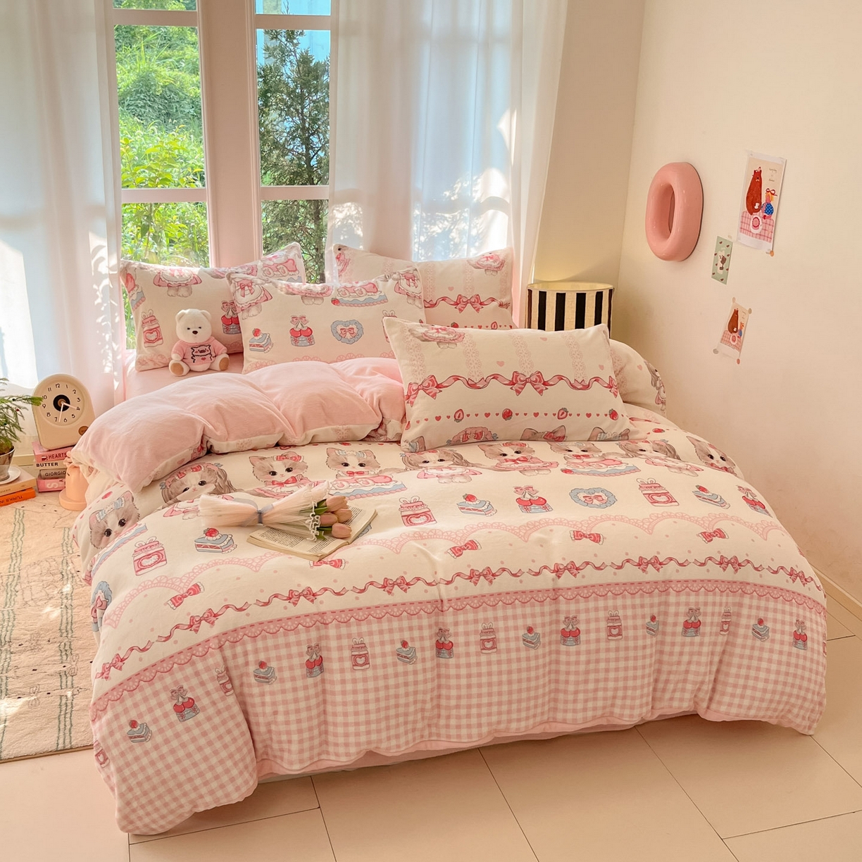 91家纺网 家纺一手货源 找家纺 慕澄家纺 2025新款小清新牛奶绒印花四件套 粉色喵喵