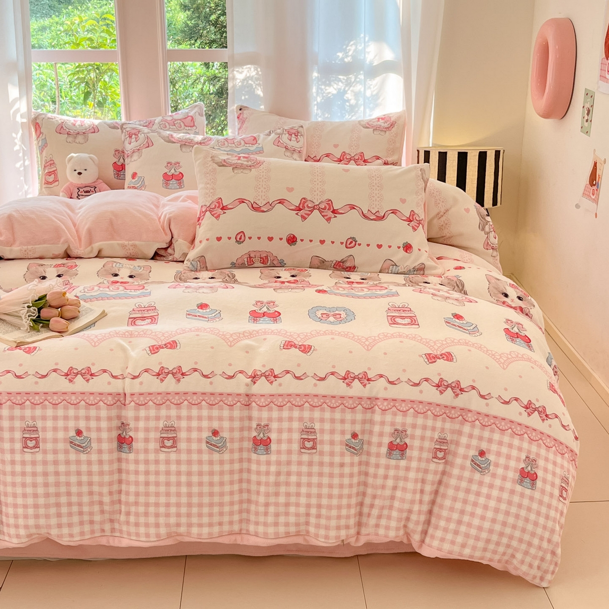 91家纺网 家纺一手货源 找家纺 慕澄家纺 2025新款小清新牛奶绒印花四件套 粉色喵喵