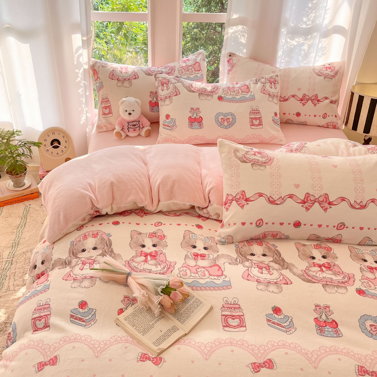 91家纺网 家纺一手货源 找家纺 慕澄家纺 2025新款小清新牛奶绒印花四件套 粉色喵喵