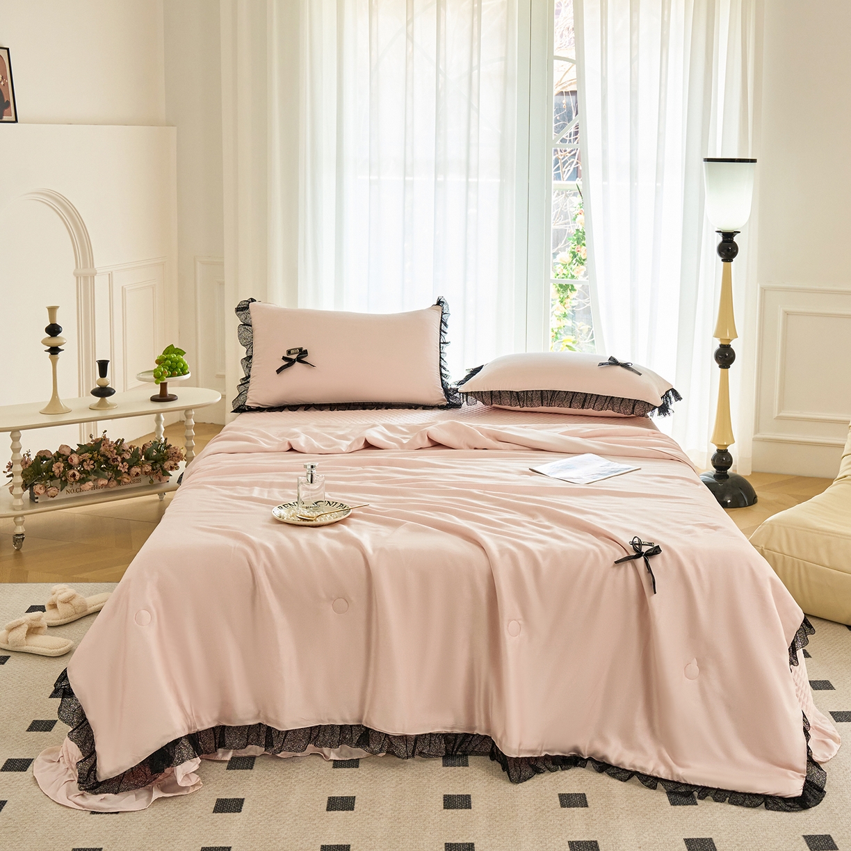 91家纺网 家纺一手货源 找家纺 优希家纺 2025新款凯瑟琳夏被四件套 粉色