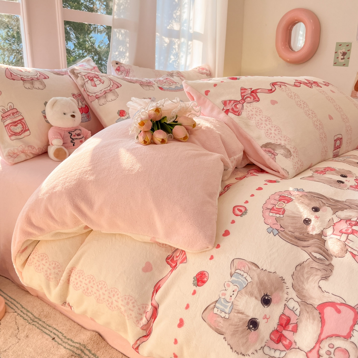 91家纺网 家纺一手货源 找家纺 慕澄家纺 2025新款小清新牛奶绒印花四件套 粉色喵喵