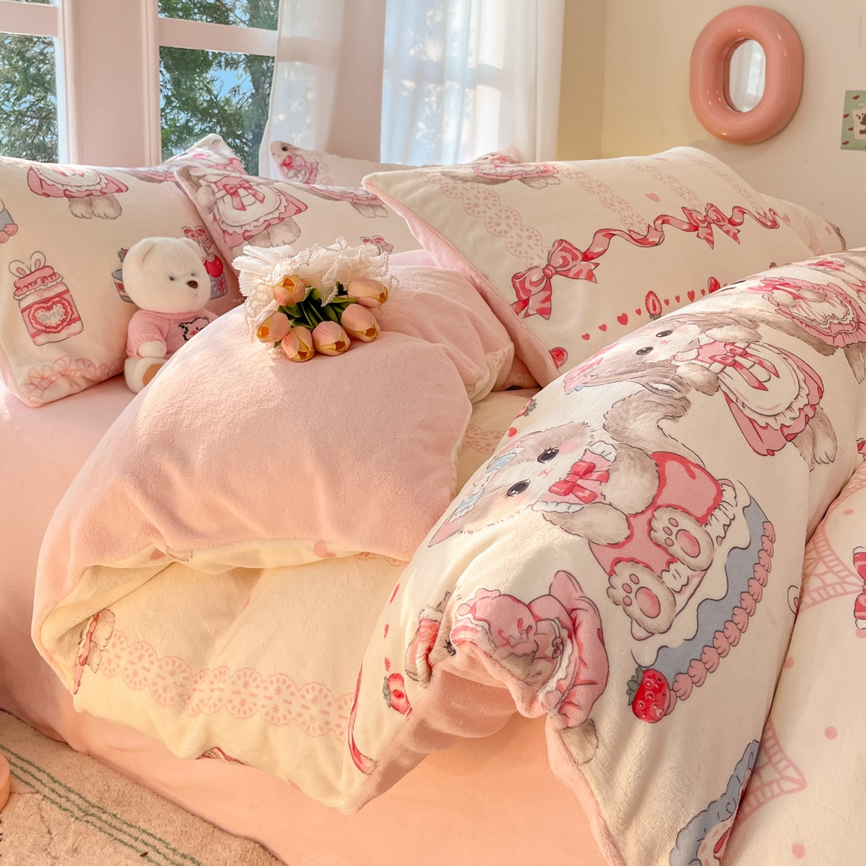 慕澄家纺 2025新款小清新牛奶绒印花四件套 粉色喵喵