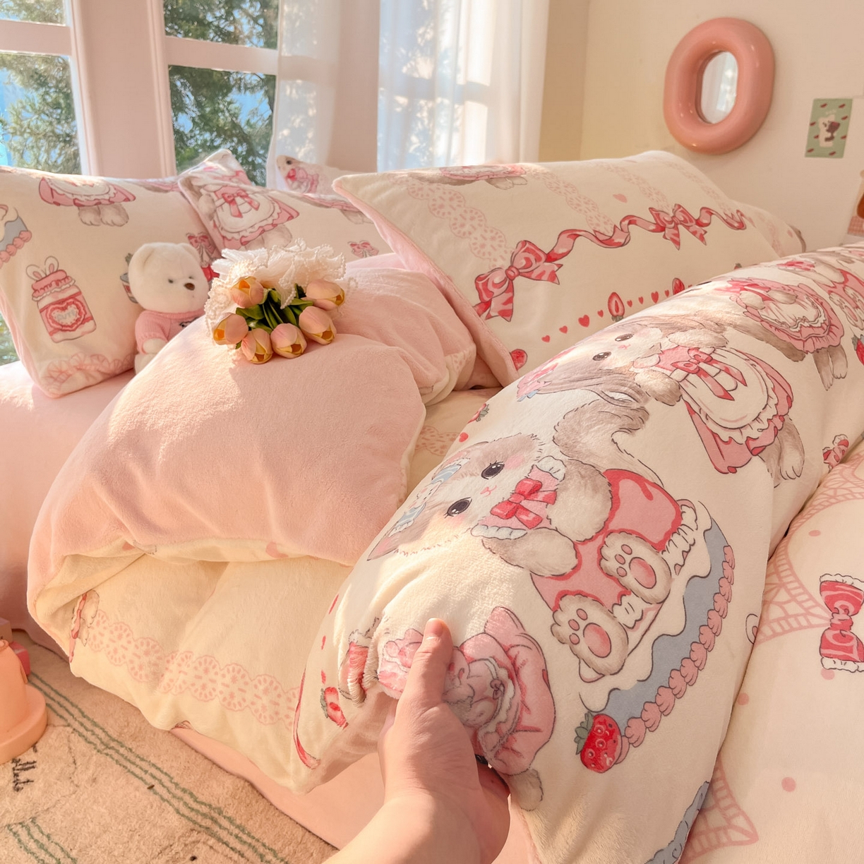 91家纺网 家纺一手货源 找家纺 慕澄家纺 2025新款小清新牛奶绒印花四件套 粉色喵喵