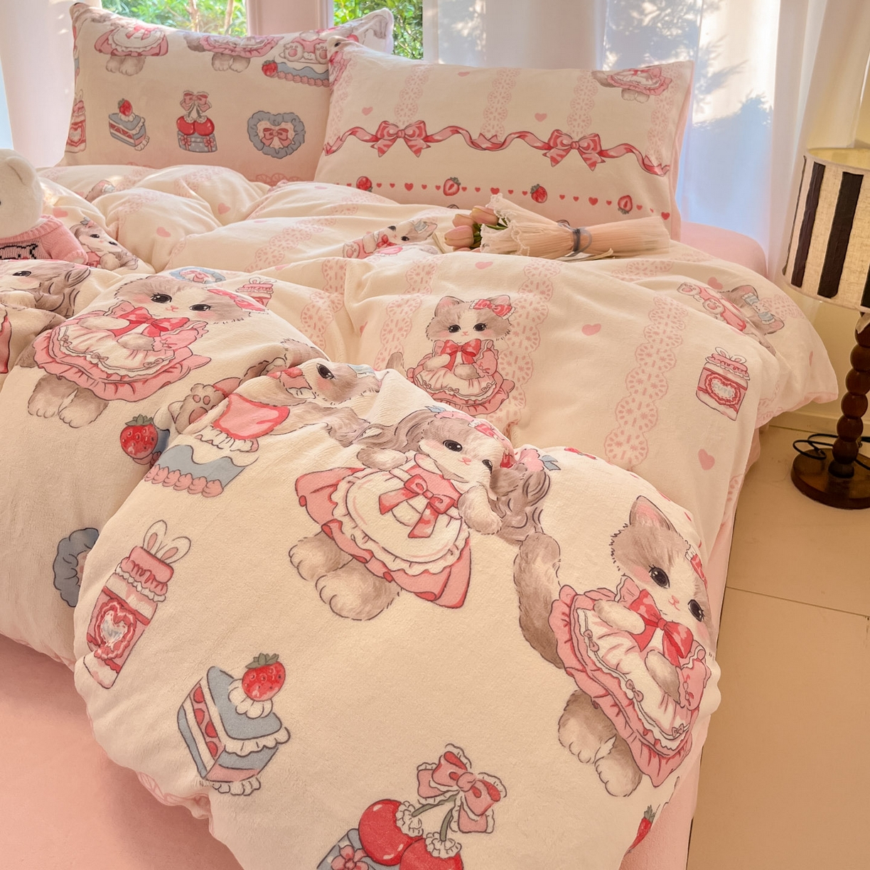 91家纺网 家纺一手货源 找家纺 慕澄家纺 2025新款小清新牛奶绒印花四件套 粉色喵喵