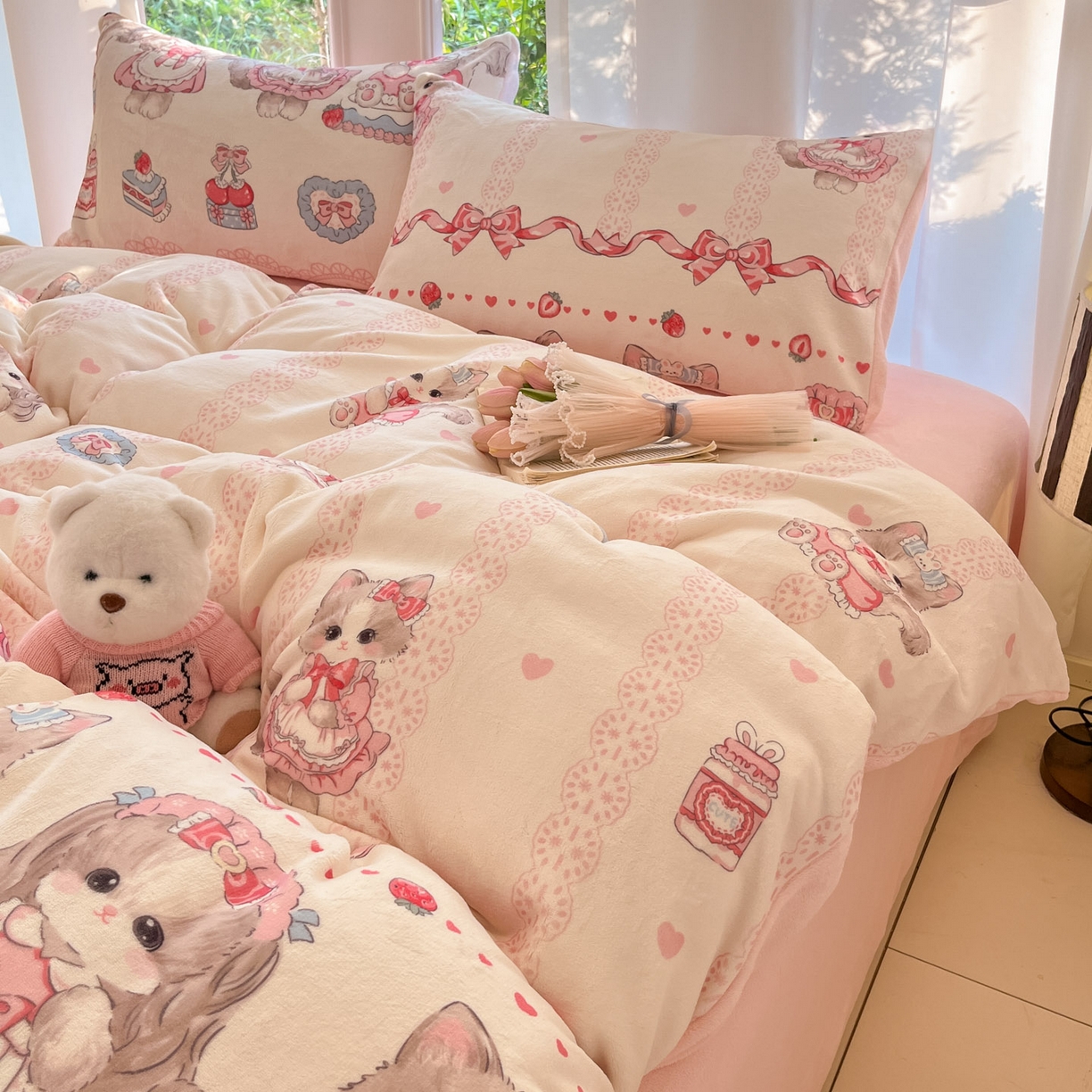 91家纺网 家纺一手货源 找家纺 慕澄家纺 2025新款小清新牛奶绒印花四件套 粉色喵喵