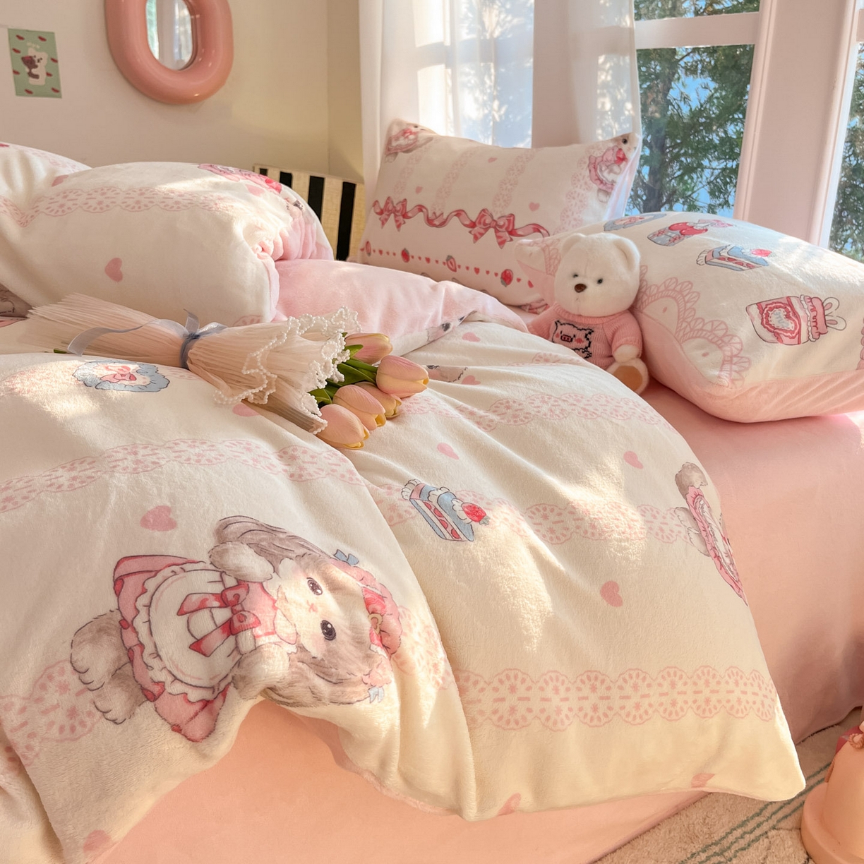 91家纺网 家纺一手货源 找家纺 慕澄家纺 2025新款小清新牛奶绒印花四件套 粉色喵喵