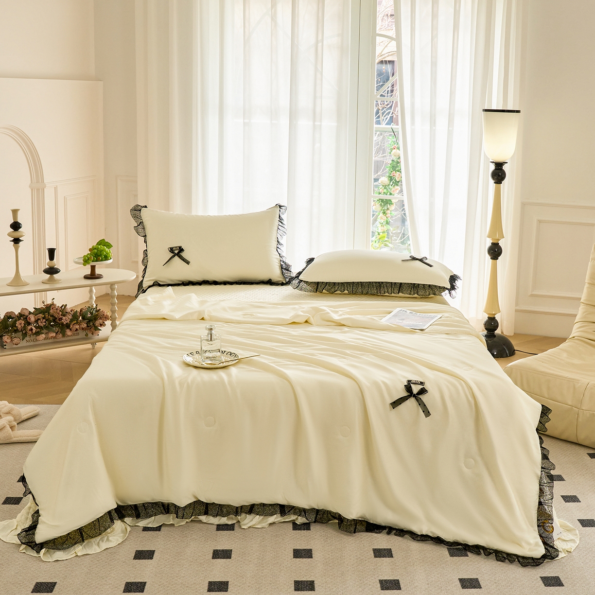 91家纺网 家纺一手货源 找家纺 优希家纺 2025新款凯瑟琳夏被四件套 奶白色