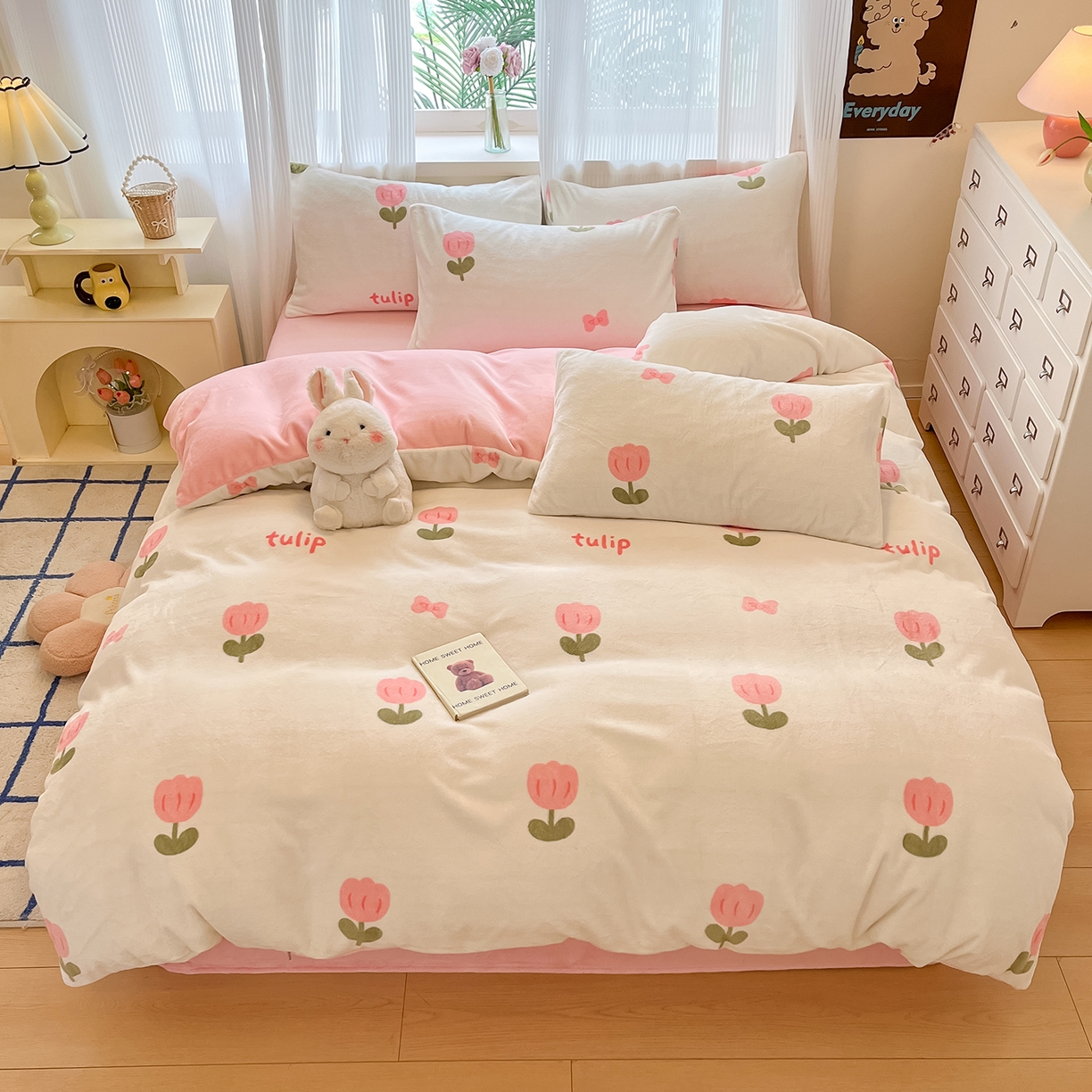 91家纺网 家纺一手货源 找家纺 慕澄家纺 2025新款小清新牛奶绒印花四件套 粉色郁金香