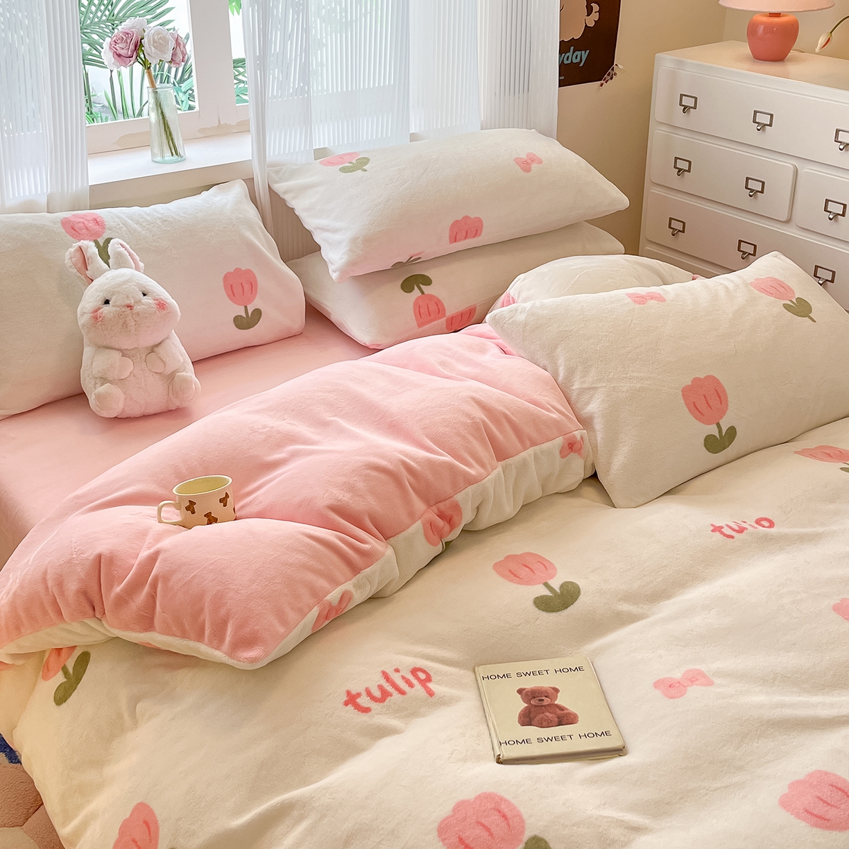 91家纺网 家纺一手货源 找家纺 慕澄家纺 2025新款小清新牛奶绒印花四件套 粉色郁金香