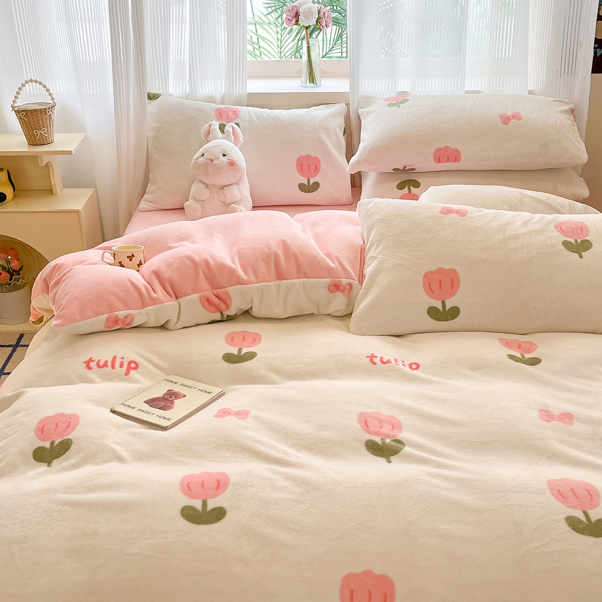 91家纺网 家纺一手货源 找家纺 慕澄家纺 2025新款小清新牛奶绒印花四件套 粉色郁金香