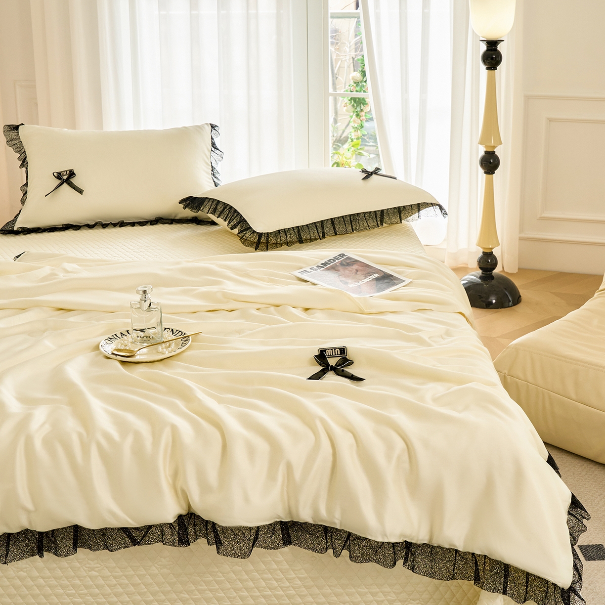 91家纺网 家纺一手货源 找家纺 优希家纺 2025新款凯瑟琳夏被四件套 奶白色