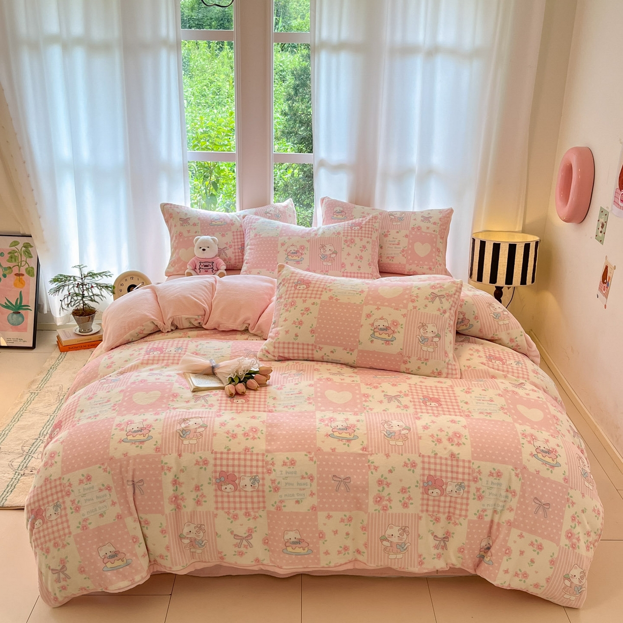 91家纺网 家纺一手货源 找家纺 慕澄家纺 2025新款小清新牛奶绒印花四件套 格子小猫