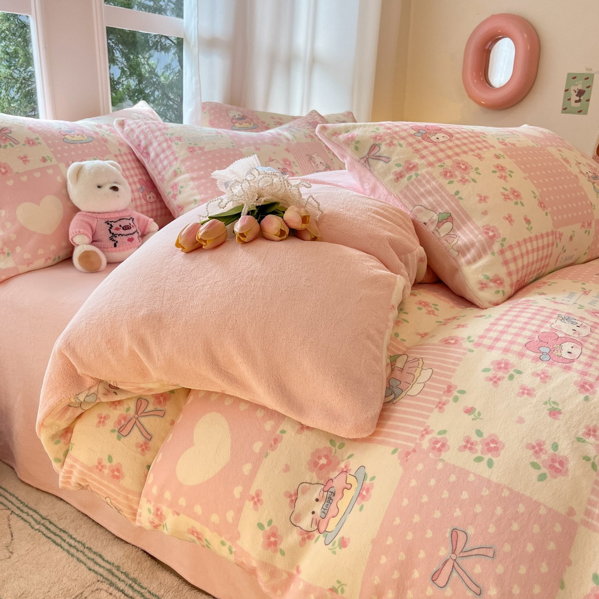 91家纺网 家纺一手货源 找家纺 慕澄家纺 2025新款小清新牛奶绒印花四件套 格子小猫