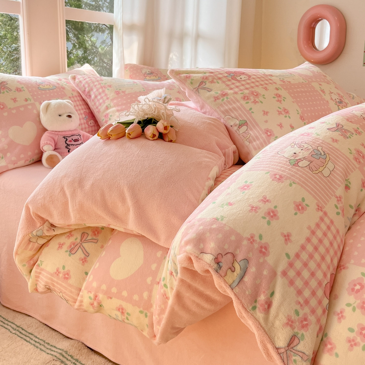 慕澄家纺 2025新款小清新牛奶绒印花四件套 格子小猫