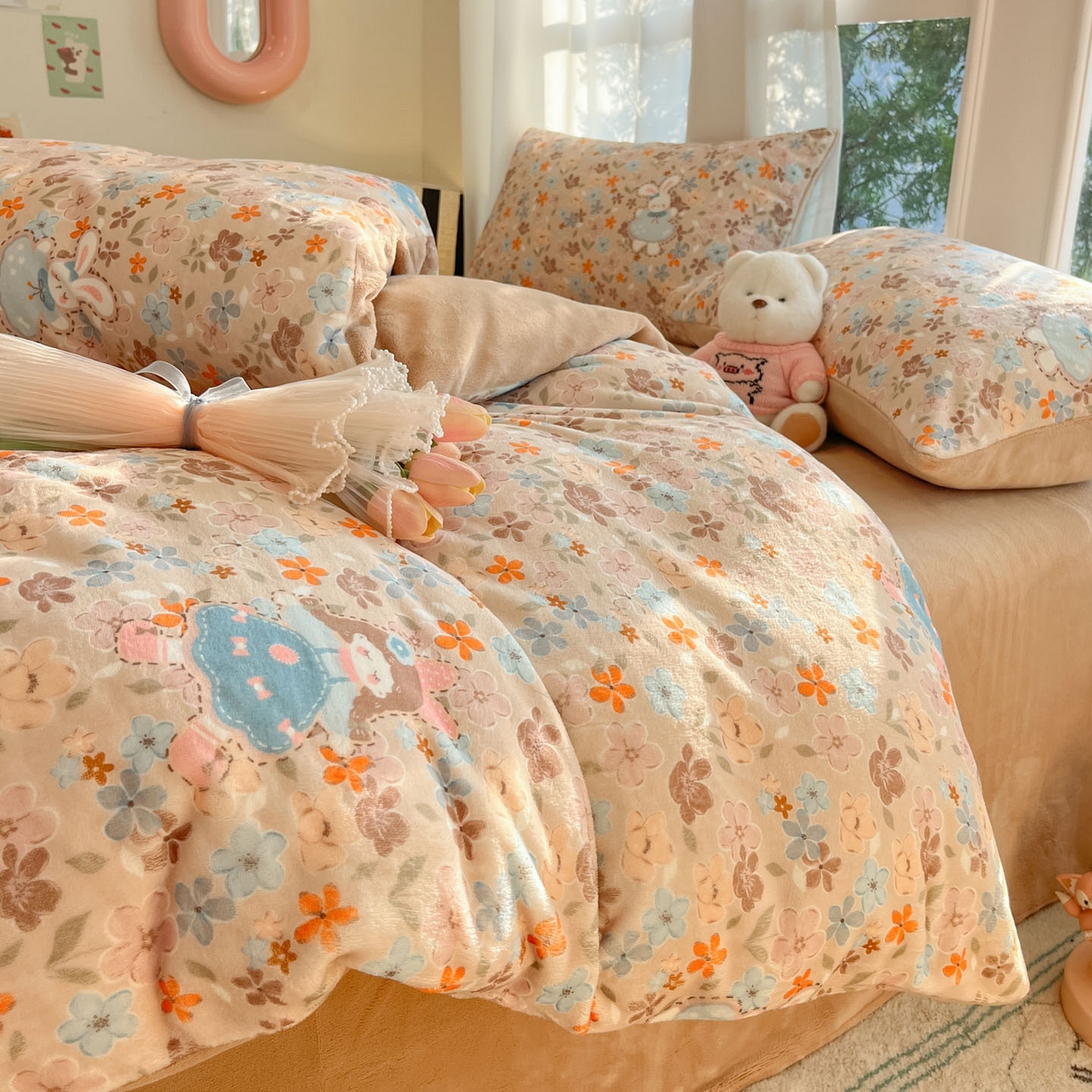 91家纺网 家纺一手货源 找家纺 慕澄家纺 2025新款小清新牛奶绒印花四件套 咖系小女孩