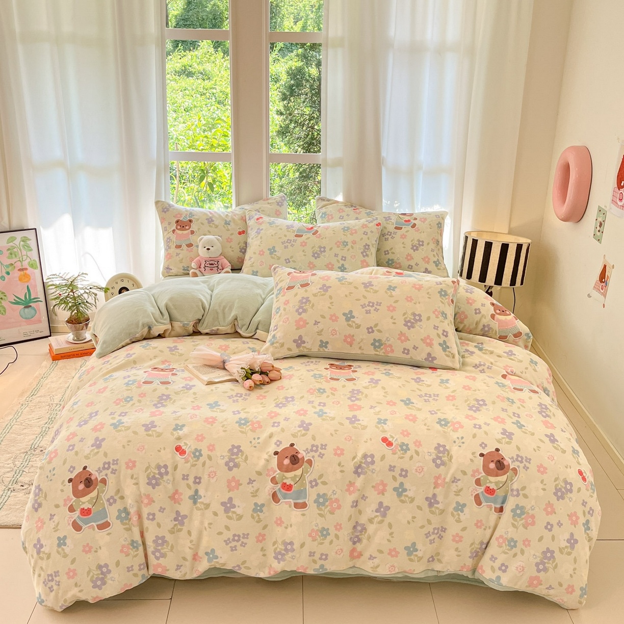 91家纺网 家纺一手货源 找家纺 慕澄家纺 2025新款小清新牛奶绒印花四件套 快乐卡皮