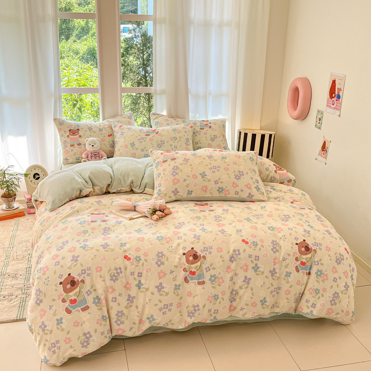 91家纺网 家纺一手货源 找家纺 慕澄家纺 2025新款小清新牛奶绒印花四件套 快乐卡皮