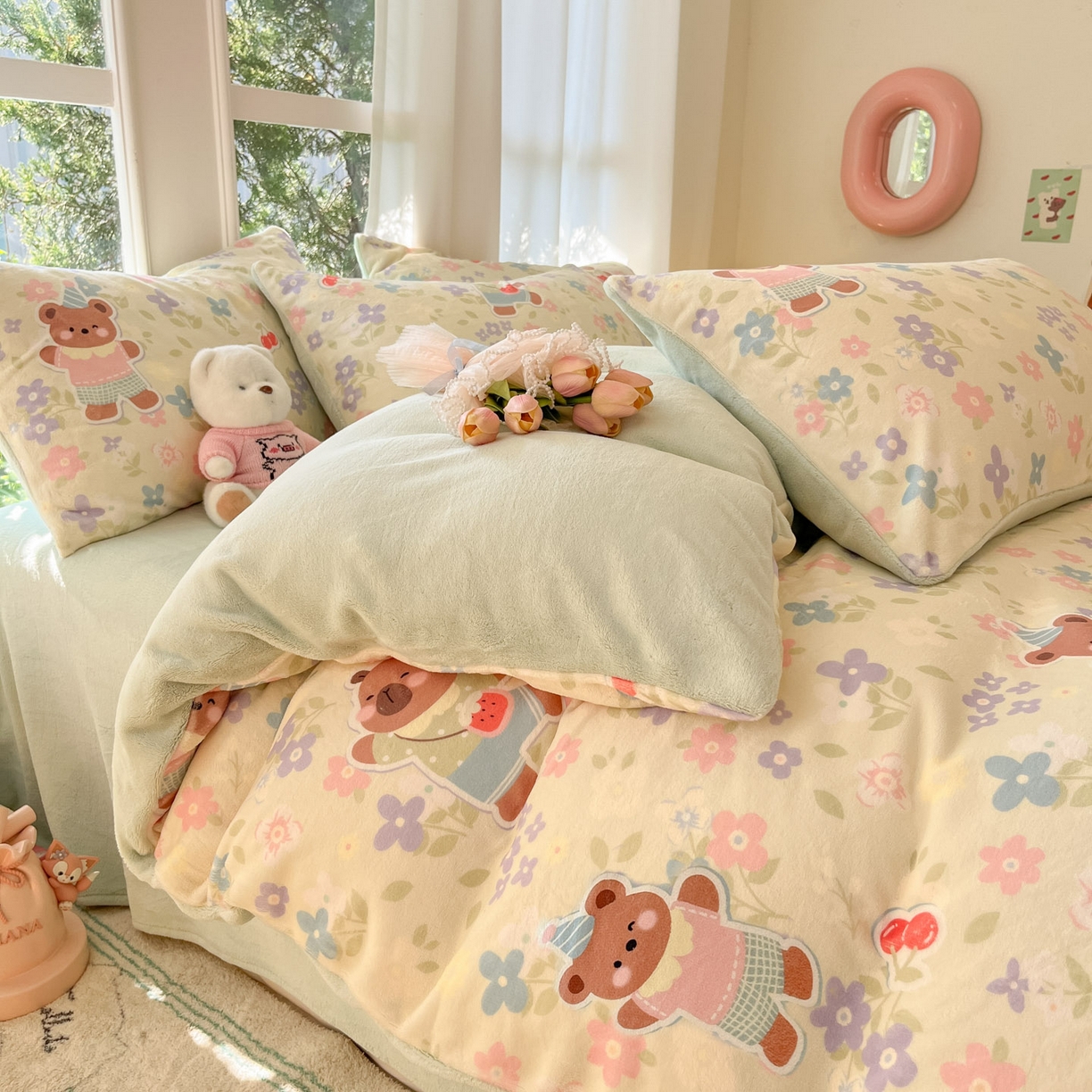 91家纺网 家纺一手货源 找家纺 慕澄家纺 2025新款小清新牛奶绒印花四件套 快乐卡皮