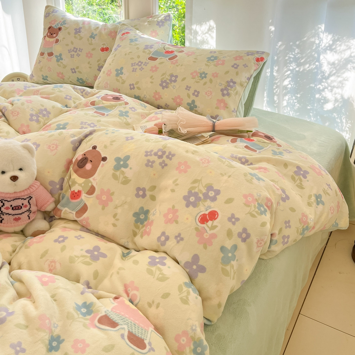 91家纺网 家纺一手货源 找家纺 慕澄家纺 2025新款小清新牛奶绒印花四件套 快乐卡皮