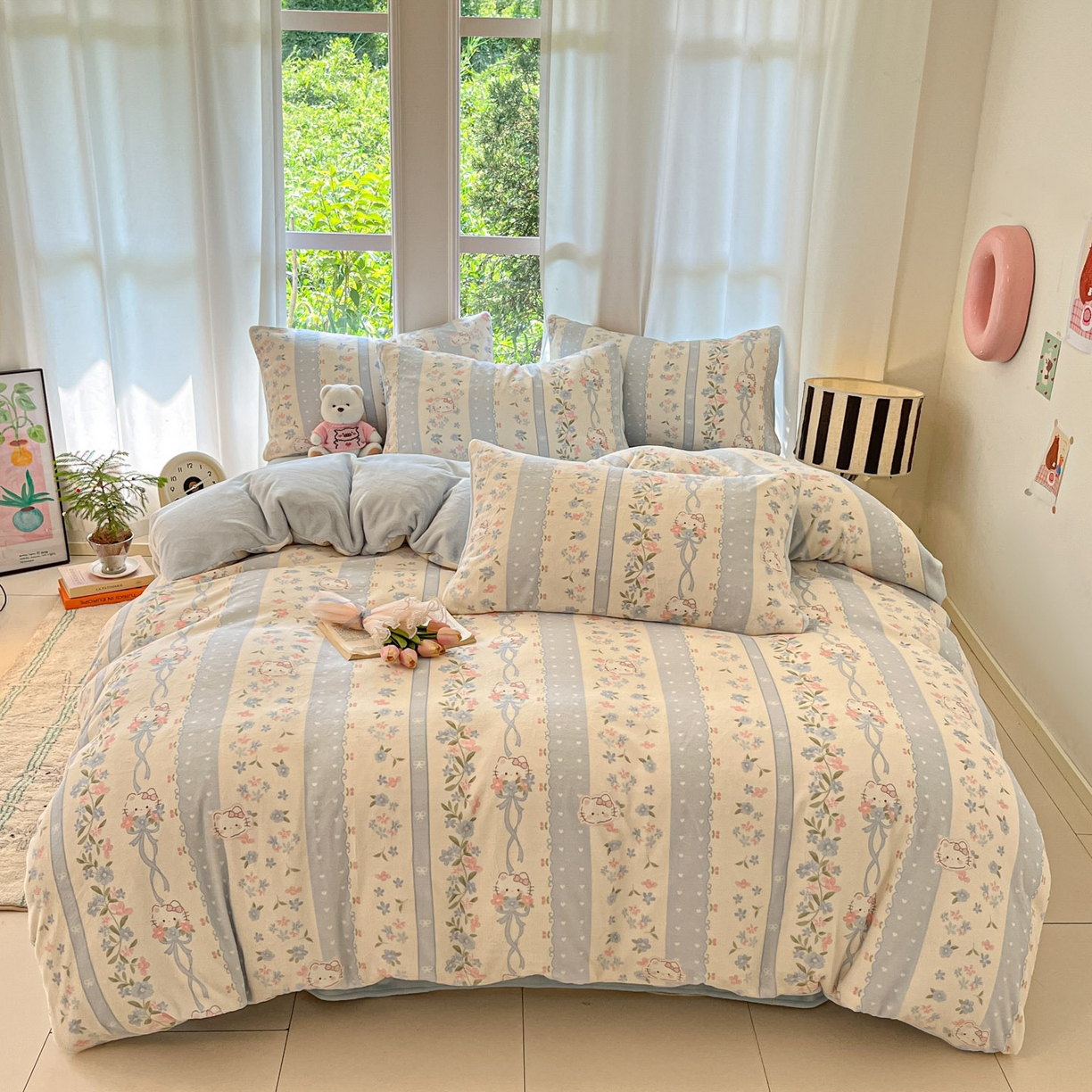 91家纺网 家纺一手货源 找家纺 慕澄家纺 2025新款小清新牛奶绒印花四件套 蓝条凯蒂