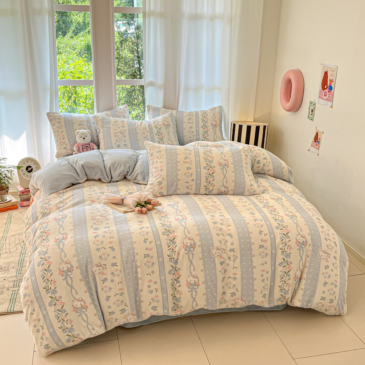 91家纺网 家纺一手货源 找家纺 慕澄家纺 2025新款小清新牛奶绒印花四件套 蓝条凯蒂