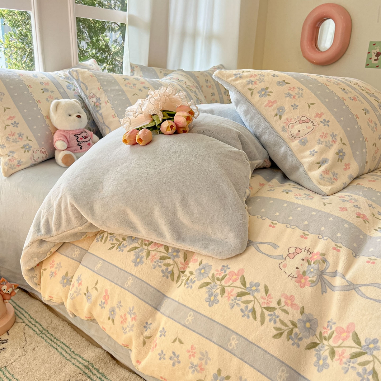 91家纺网 家纺一手货源 找家纺 慕澄家纺 2025新款小清新牛奶绒印花四件套 蓝条凯蒂