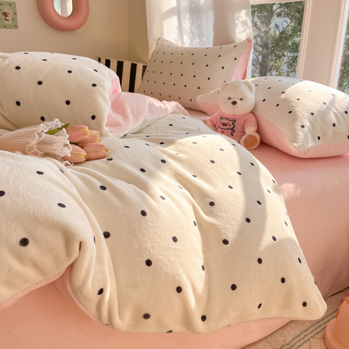 91家纺网 家纺一手货源 找家纺 慕澄家纺 2025新款小清新牛奶绒印花四件套 浪漫波点