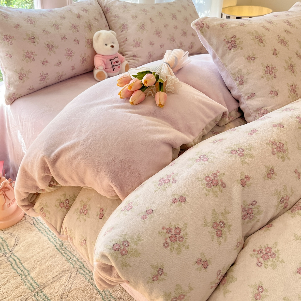 91家纺网 家纺一手货源 找家纺 慕澄家纺 2025新款小清新牛奶绒印花四件套 梦幻花语