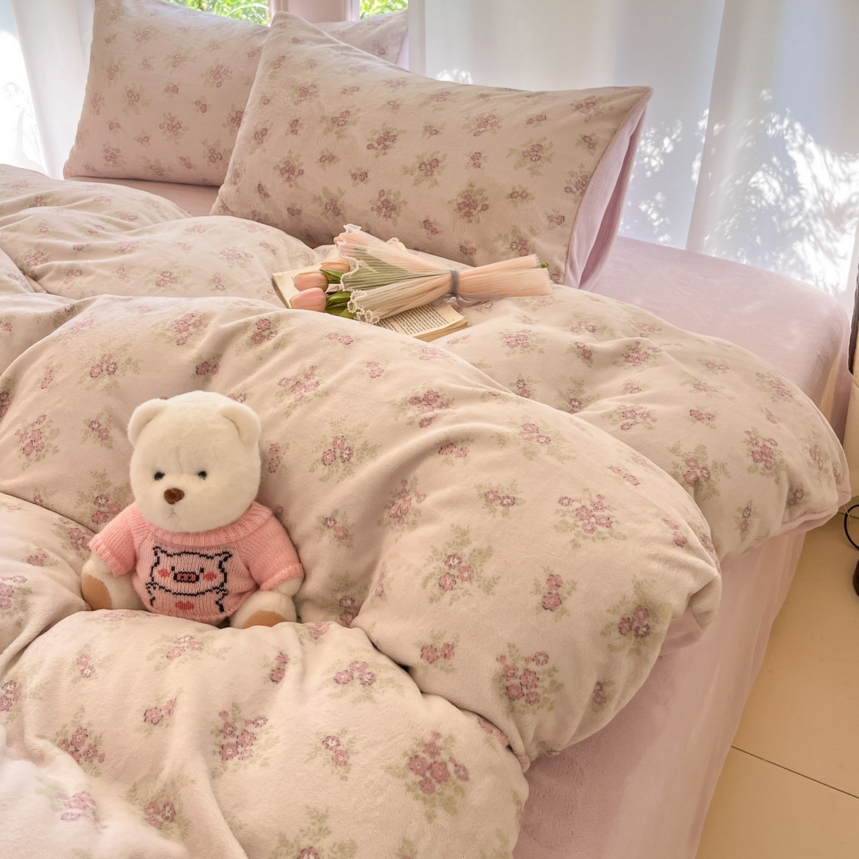 91家纺网 家纺一手货源 找家纺 慕澄家纺 2025新款小清新牛奶绒印花四件套 梦幻花语