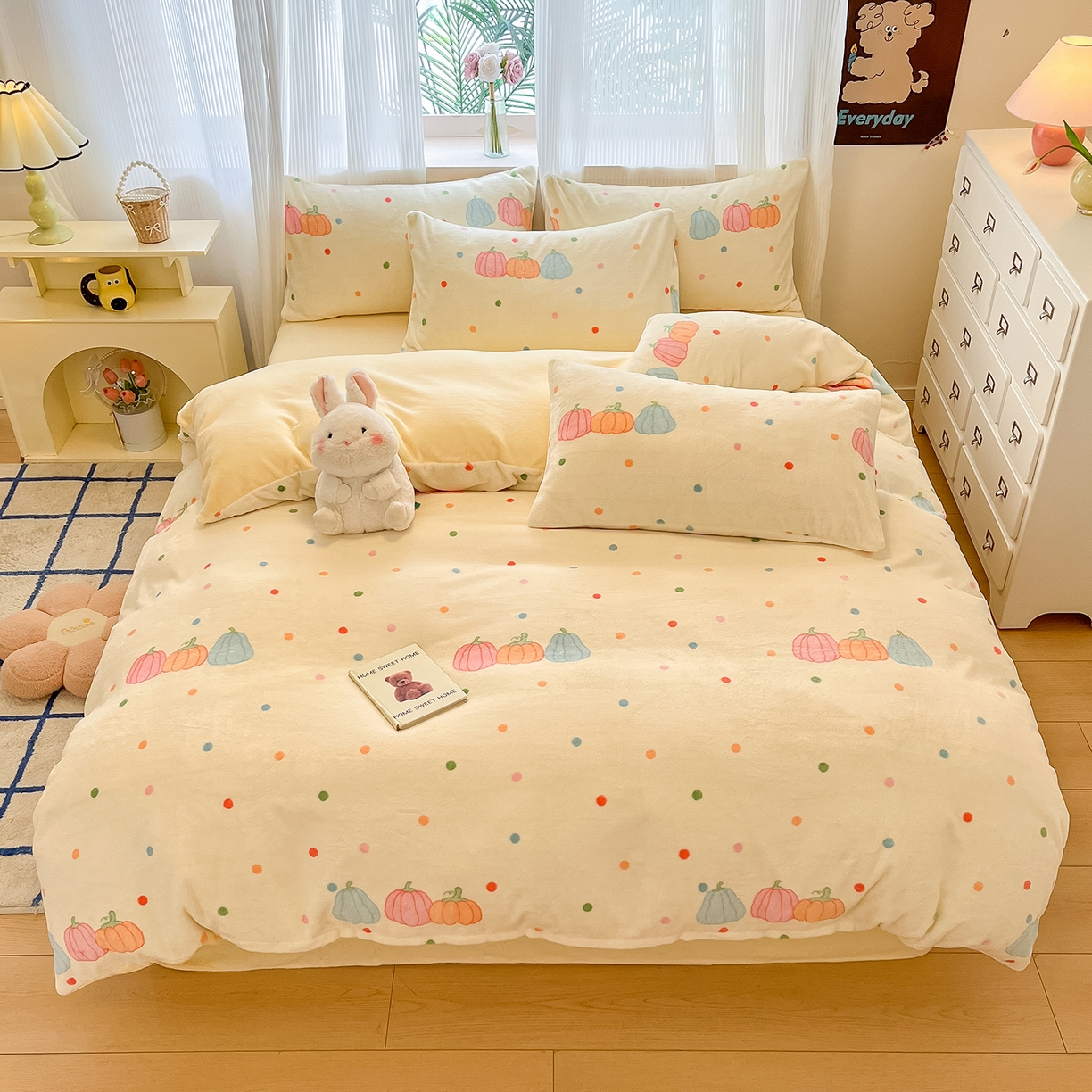 91家纺网 家纺一手货源 找家纺 慕澄家纺 2025新款小清新牛奶绒印花四件套 奶南瓜