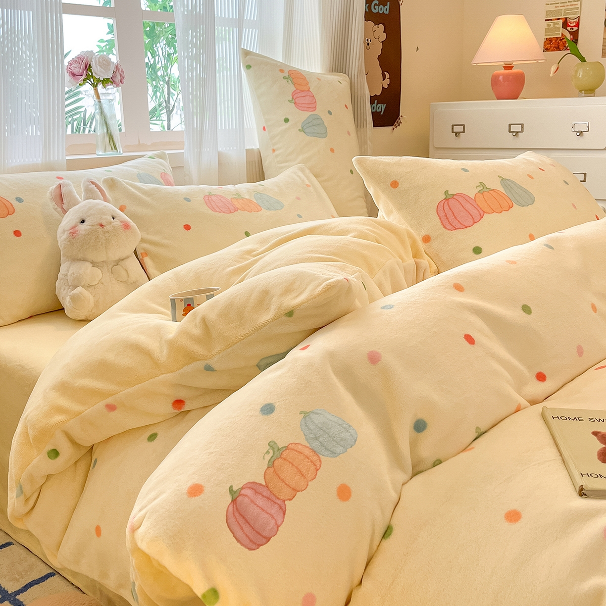 91家纺网 家纺一手货源 找家纺 慕澄家纺 2025新款小清新牛奶绒印花四件套 奶南瓜