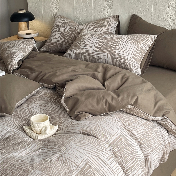 91家纺网 家纺一手货源 找家纺 琪格格纺织 2025新款复古简约棉麻轻奢大提花全棉加厚磨毛四件套 摩卡-棕