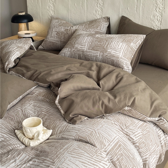 91家纺网 家纺一手货源 找家纺 琪格格纺织 2025新款复古简约棉麻轻奢大提花全棉加厚磨毛四件套 摩卡-棕