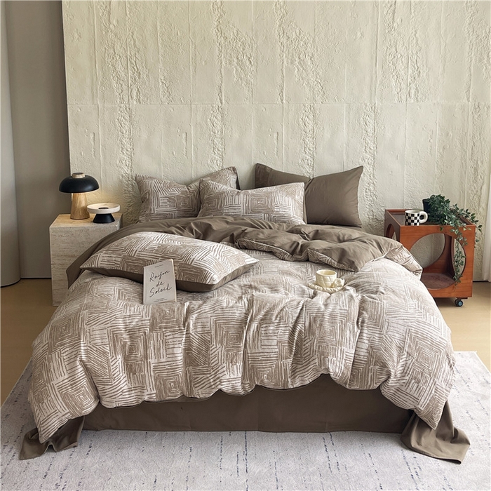 91家纺网 家纺一手货源 找家纺 琪格格纺织 2025新款复古简约棉麻轻奢大提花全棉加厚磨毛四件套 摩卡-棕