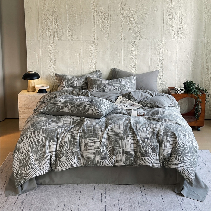 91家纺网 家纺一手货源 找家纺 琪格格纺织 2025新款复古简约棉麻轻奢大提花全棉加厚磨毛四件套 摩卡-灰