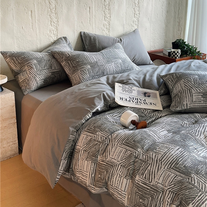 91家纺网 家纺一手货源 找家纺 琪格格纺织 2025新款复古简约棉麻轻奢大提花全棉加厚磨毛四件套 摩卡-灰