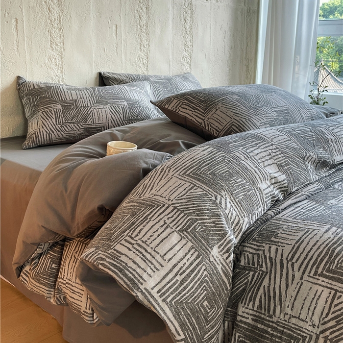 琪格格纺织 2025新款复古简约棉麻轻奢大提花全棉加厚磨毛四件套 摩卡-灰