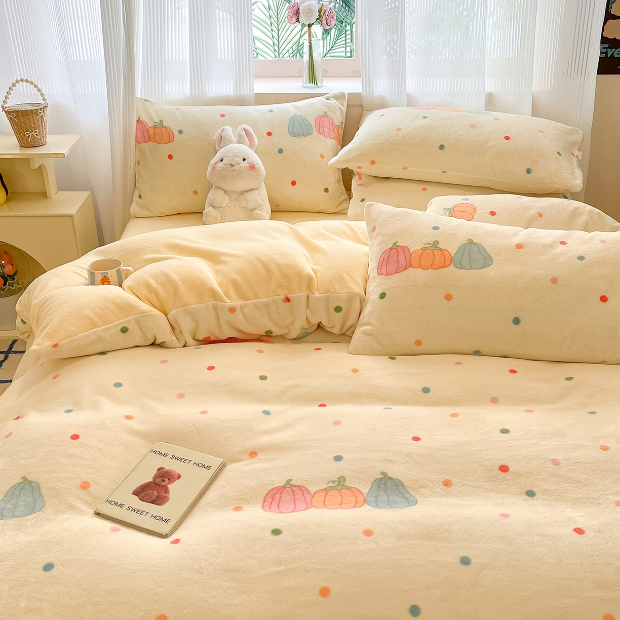 91家纺网 家纺一手货源 找家纺 慕澄家纺 2025新款小清新牛奶绒印花四件套 奶南瓜