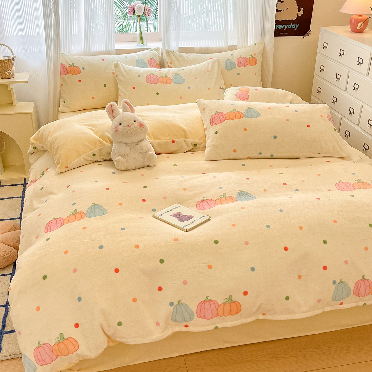 91家纺网 家纺一手货源 找家纺 慕澄家纺 2025新款小清新牛奶绒印花四件套 奶南瓜