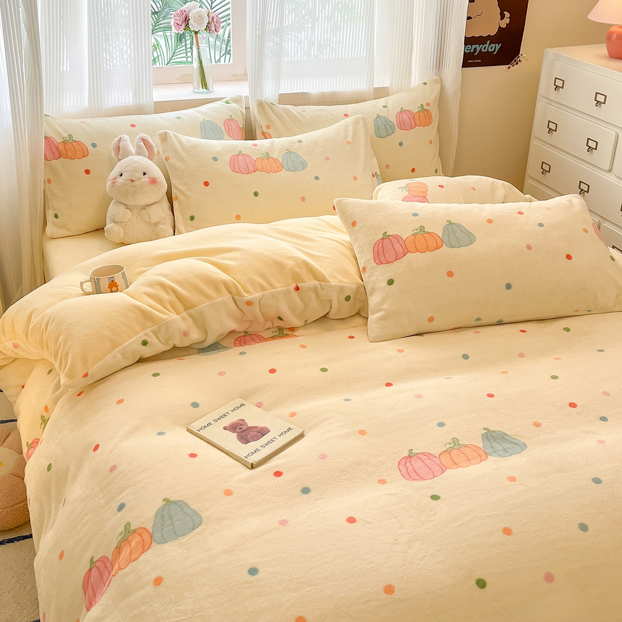 91家纺网 家纺一手货源 找家纺 慕澄家纺 2025新款小清新牛奶绒印花四件套 奶南瓜