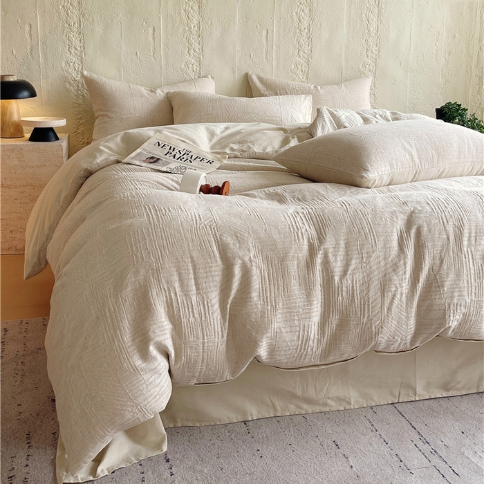 91家纺网 家纺一手货源 找家纺 琪格格纺织 2025新款复古简约棉麻轻奢大提花全棉加厚磨毛四件套 摩卡-本色麻