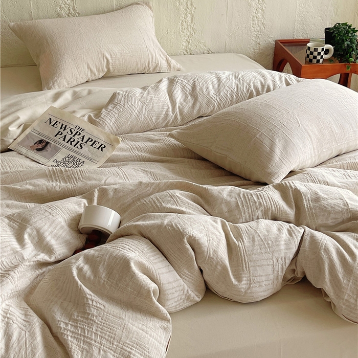 91家纺网 家纺一手货源 找家纺 琪格格纺织 2025新款复古简约棉麻轻奢大提花全棉加厚磨毛四件套 摩卡-本色麻